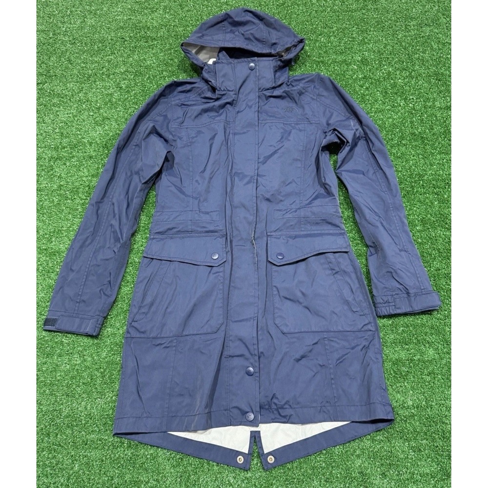 The North Face Women's S Navy Blue Long Hooded Rain Coat Parka Polka Dot